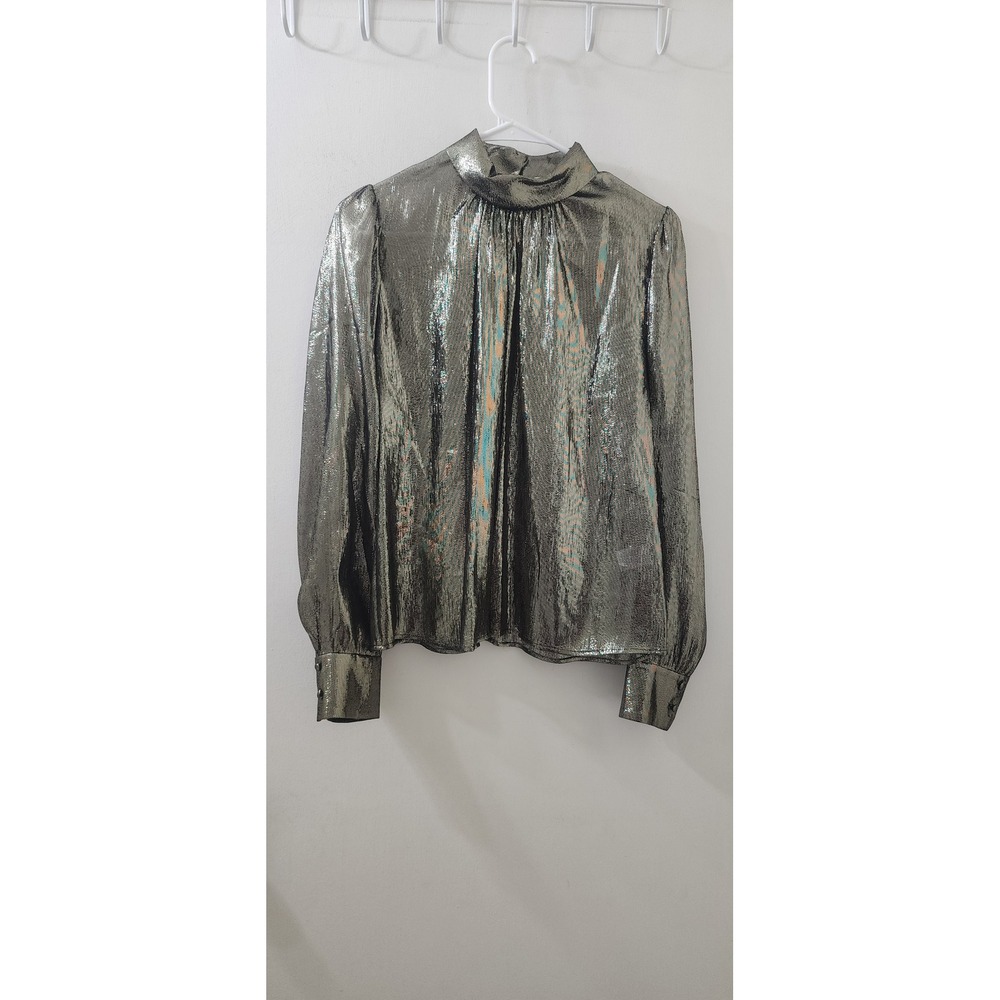 A.L.C. Gold Metallic Silk Blend Mock‎ Neck Blouse Top Size Liquid Gold